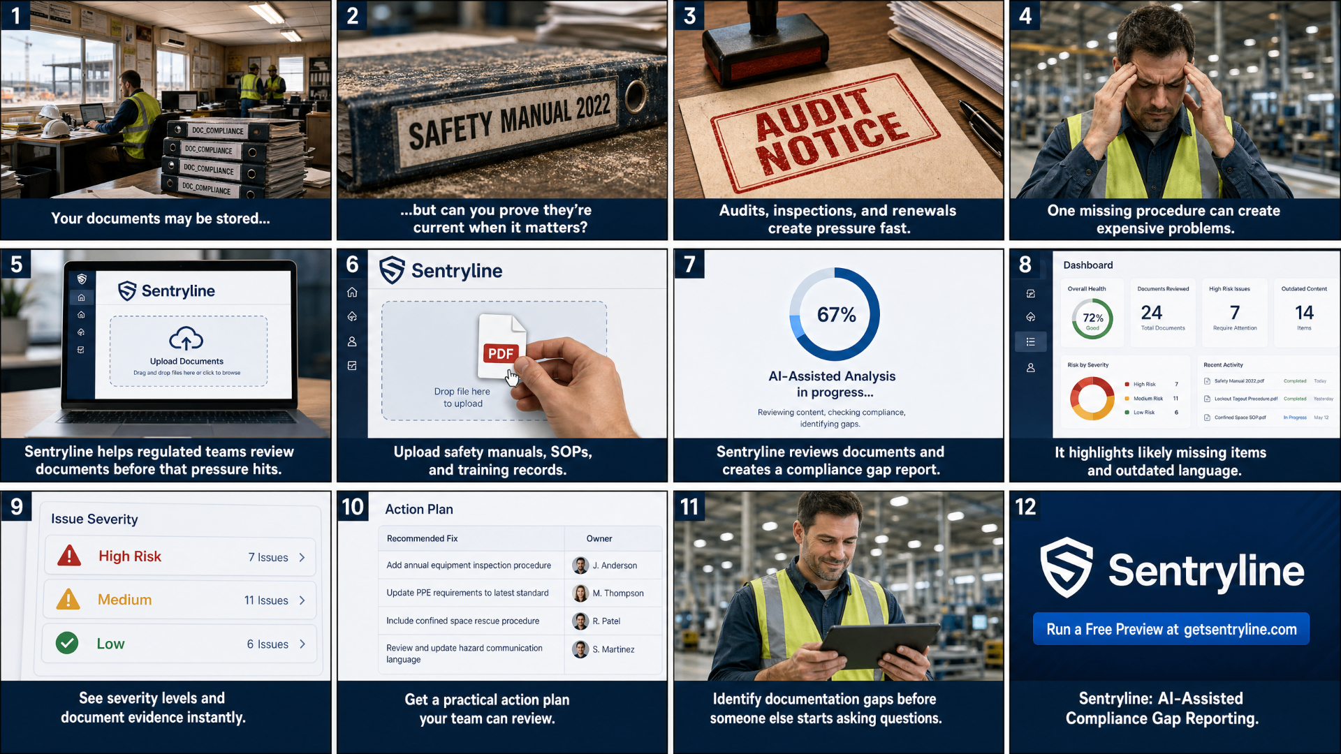 Sentryline explainer storyboard showing document upload, AI-assisted review, severity labels, action plan, and free preview CTA.